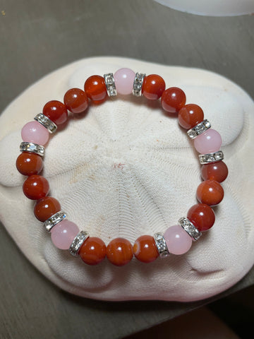 Carnelian and rose quartz bracelet 7.5”